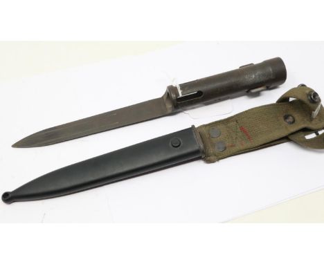 Belgian M1963 type C socket bayonet, with steel scabbard and canvas frog. UK P&amp;P Group 2 (£20+VAT for the first lot and £