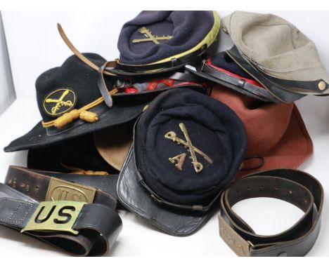 A collection of American Civil War reenactors hats, caps and belts. UK P&amp;P Group 3 (£30+VAT for the first lot and £8+VAT 