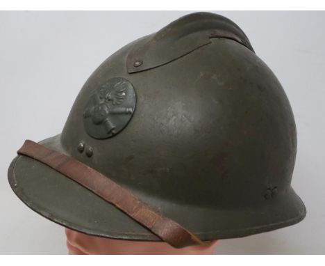French WWII artillery helmet with leather liner. UK P&amp;P Group 3 (£30+VAT for the first lot and £8+VAT for subsequent lots