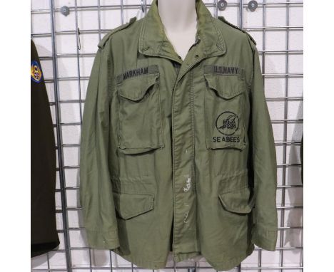 1970s US Navy Seabees Division combat Cold Weather coat, size M OG-107, named to Markham. Some tears to lining and stains to 