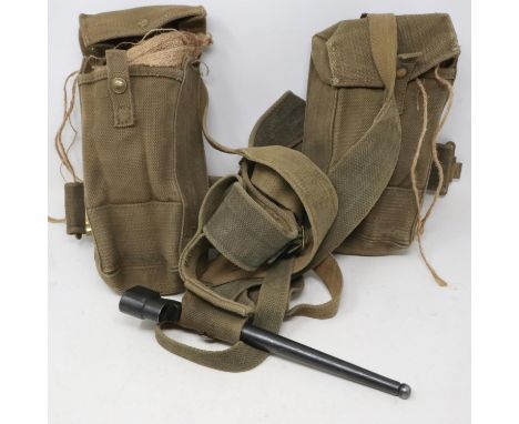 British post-war canvas webbing straps and pouches, with pigsticker bayonet. UK P&amp;P Group 2 (£20+VAT for the first lot an