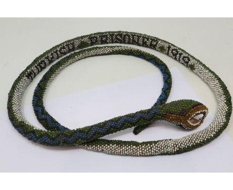 A Turkish Prisoner of War beaded snake, dated 1919. UK P&amp;P Group 1 (£16+VAT for the first lot and £2+VAT for subsequent l