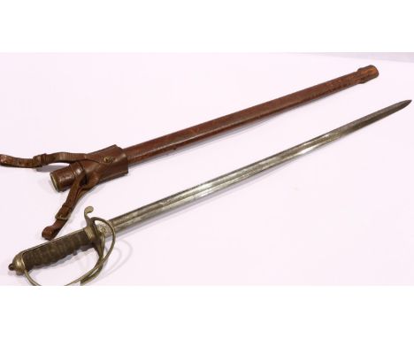 British WWI Royal Artillery parade sword with leather scabbard, sword frog and wired shagreen grip. Scabbard with tear and sc