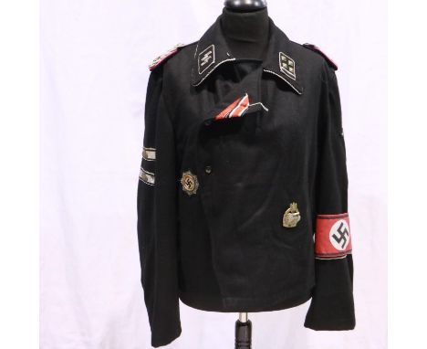 A German WWII reenactors SS Panzer wrap, displaying embroidered Deutches Kreuz, award for 100 tank engagements, cotton party 