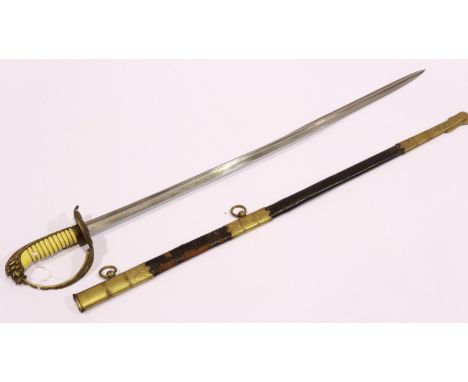 A 19th century European naval parade sword, with wired grip and brass mounted leather scabbard. UK P&amp;P Group 3 (£30+VAT f