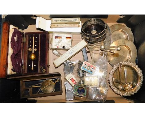 A quantity of silver plated items including wine coasters twinned with a set of opium scales &amp; other items