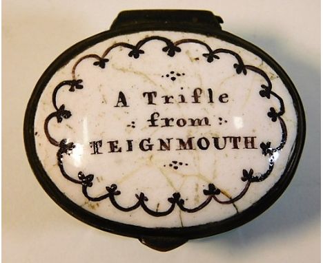 A "Trifle from Teignmouth" antique enamel patch box with internal mirror 1.375in 