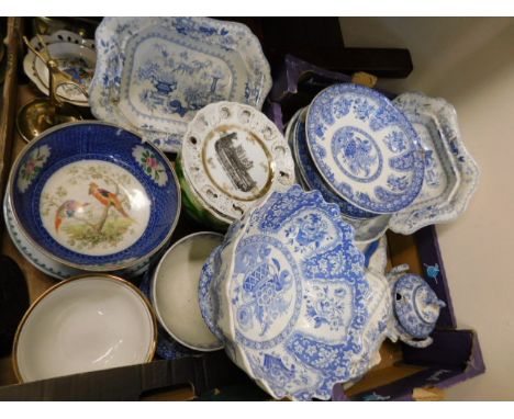 Two boxes of mostly blue &amp; white porcelain including 19thC. Spode &amp; a Doulton bowl, mostly a/f 