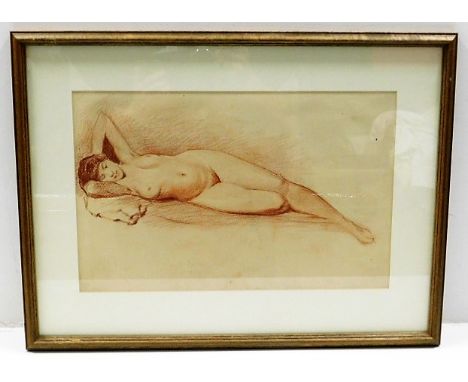 A double sided glass framed sketch of reclining nude on wide &amp; artists daughter on verso with label Robert Payton Reid A.