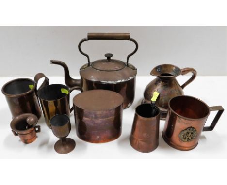 A small Georgian kettle a/f twinned with a haystack jug, a copper tea caddy box &amp; other copper ware