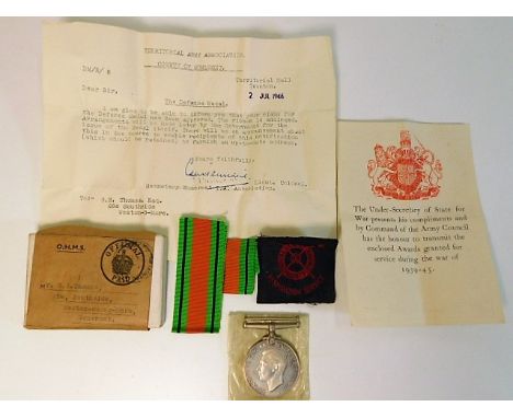 A WW2 defence medal award to Territorial Army volunteer G. R. Thomas, with letter showing he had to make a formal request to 