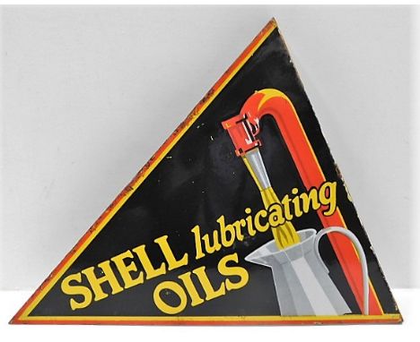 A large double sided enamel sign of motoring interest "Shell Lubricating Oils" 24in on longest side x 20in across shortest