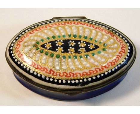 An antique enamel patch box with jewelled décor &amp; mirror 2.25in wide 