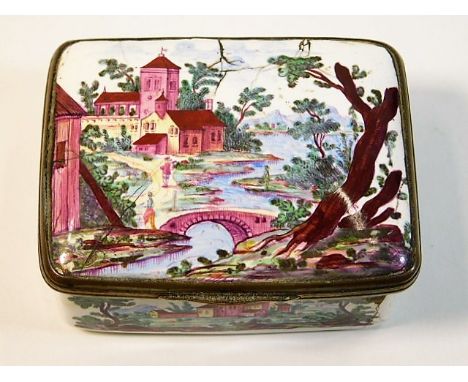 An antique enamelled patch box with church décor 3.25in wide, some faults