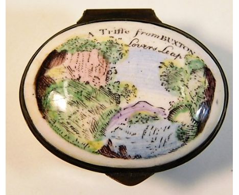 An antique enamel patch box featuring Lovers Leap Buxton with internal mirror 1.75in wide