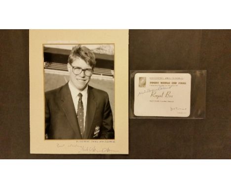 RUGBY UNION, Nick Farr-Jones signed selection, inc. VIP ticket from 1991 WC Final; 5.5 x 7.5 photo, half-length in Australia 