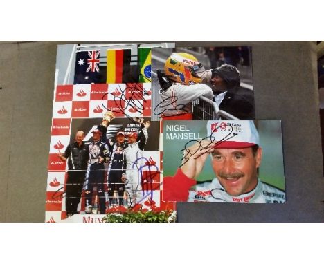 MOTOR RACING, signed photos, inc. Lewis Hamilton (6.5 x 5); 12 x 8 colour photo by Vettell, Webber, Barachello (2009 British 