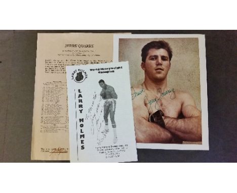BOXING, signed selection, Larry Holmes (four page leaflet detailing his professional record); Jerry Quarry colour 8 x 10 phot