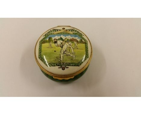 CRICKET, enamelled trinket box showing WG Grace to Lidby Bilston & Battersea, in original box, box lid loose, VG