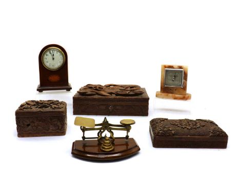 An Edwardian inlaid mahogany mantel clock,the painted dial with minute track21cm hightogether with an onyx barometer, 14cm hi