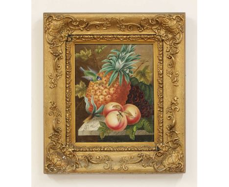 A porcelain plaque,19th century, English, depicting a bird, fruiting grapes, pineapple and peaches, on a marble shelf,26 x 21