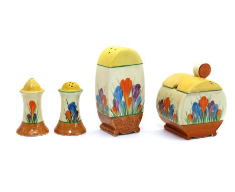 A collection of Clarice Cliff 'Autumn Crocus' items,1930s, for Wilkinson Ltd., and Newport Pottery, all with hand painted dec