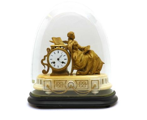 A gilt metal and alabaster mantel clocklate 19th century, the white enamel dial with Roman numerals flanked by a reclining wo