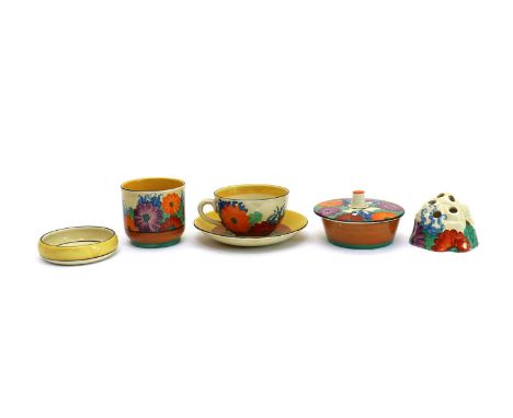 A collection of Clarice Cliff 'Gayday' items,1930s, all with handpainted floral decoration against a cream ground, comprising