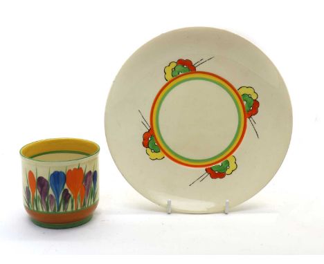 A Clarice Cliff 'Crocus' pattern planter,printed marks7cm hightogether with a Clarice Cliff plate,decorated with orange, gree