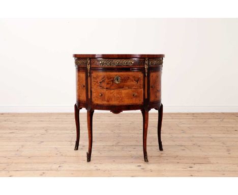 A French transitional, marquetry inlaid and rosewood commode,c.1900, of demilune outline with satinwood inlaid panels to the 