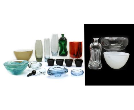 A collection of Holmegaard glassware,three glass vases, largest, 24cm high, three glass ashtrays, two glass bowls, 20.5cm dia