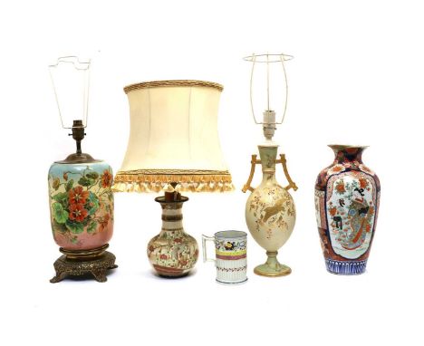 A collection of table lamps, to include a vase form lamp having foliate decoration and cast metal base, 46cm height to top of