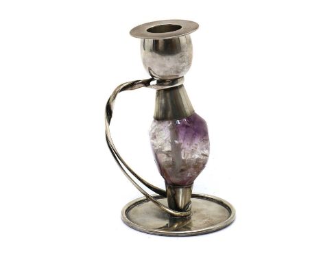 An Arts &amp; Crafts style silver and amethyst candlestick,20th century, German, in the manner of Charles Robert Ashbee, with