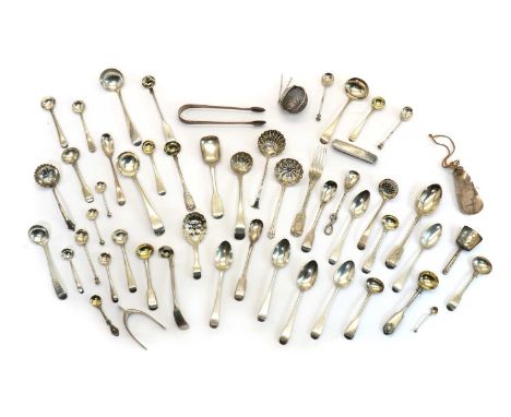 A collection of George III and later silver flatware,to include a set of five teaspoons by William Schofield, London 1827, a 