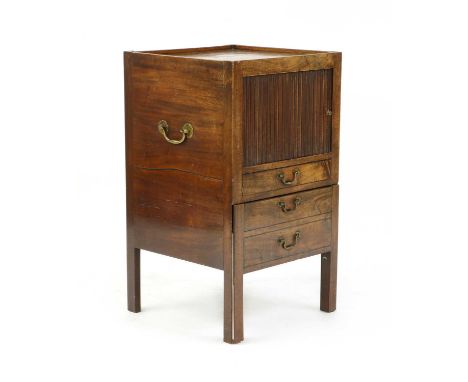 A mahogany bedside commode, 19th century, with a raised edge, over a tambour front, and pull-out drawer, with cap, not conver