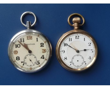 A Jaeger LeCoultre military pocket watch - GSTP, FO28256, 50mm diameter and a gold plated pocket watch missing glass. (2)