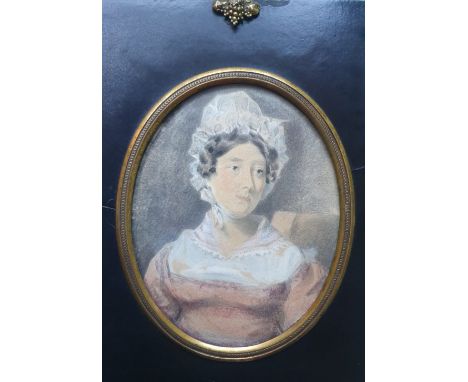 William Hunt (1790-1864) - oval watercolour miniature - Head &amp; shoulders portrait of a lady in white bonnet, 4.75" high.