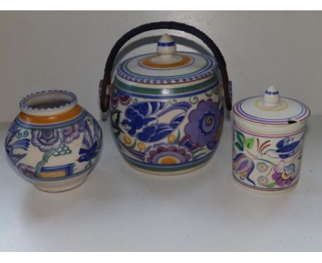 A Carter, Stabler &amp; Adams Poole Pottery swing-handled biscuit barrel decorated stylised birds &amp; flowers -230-1PB, 5.7