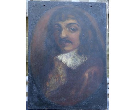 An old oil on panel - portrait of a 17thC gentleman in painted oval, indistinctly dated to verso -'1684' (?),  9" x 6.75".