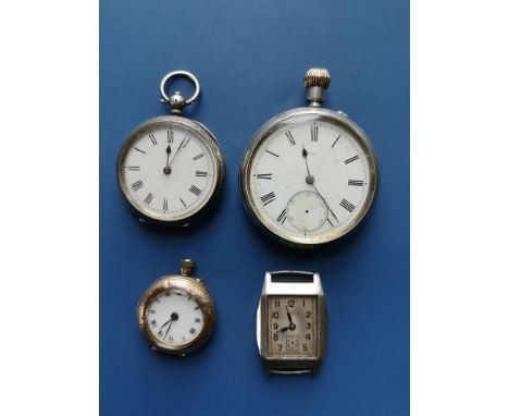 An art deco silver Benson wrist watch - a/f, no strap, a small lady's 9ct gold pocket watch and two silver pocket watches - a