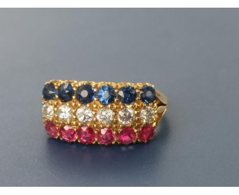 A three row ruby, diamond &amp; sapphire ring, six round cut stones in each row , on 18ct gold shank - S.Bros.  Finger size N