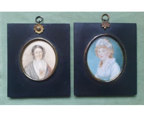 A 19thC oval watercolour miniature portrait of Anne Marie Courtenay, c.1845 and another on ivory,  3.25" high  (Exemption Ref