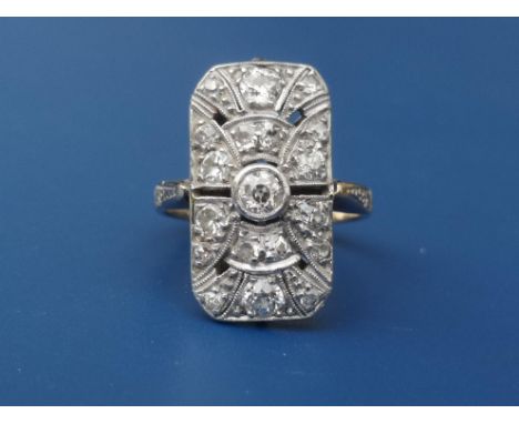 An art deco diamond millegrain set 18ct white gold panel ring of open rectangular form.  Finger size K/L - underside of setti