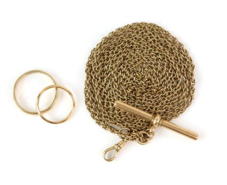 Antique long Albert chain, twisted links with swivel and T- bar clasp, 156 cm in length, testing as 15ct and two gold court w