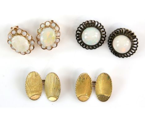 A pair of Art Deco cufflinks, oval panels connected by chain links, stamped 9 ct and a pair of cluster opal earrings, mount t