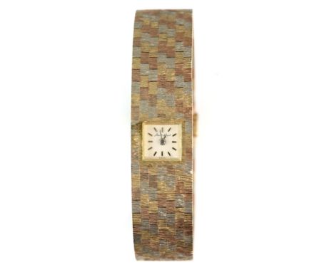 Beuche Girod, A  Ladies tri colour gold dress watch,  the signed square dial with silvered baton hour markers and hands, fitt