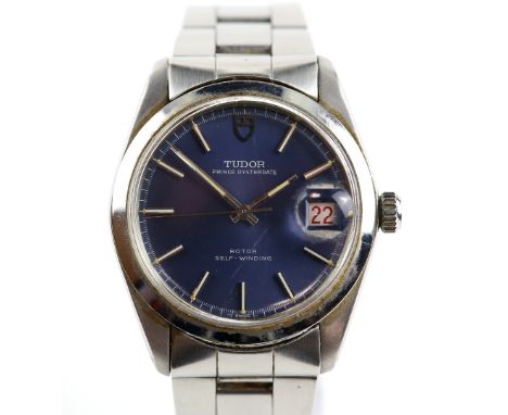 Rolex Tudor A Gentleman's Prince Oysterdate, stainless steel wristwatch, the signed blue dial with baton hour markers, roulet