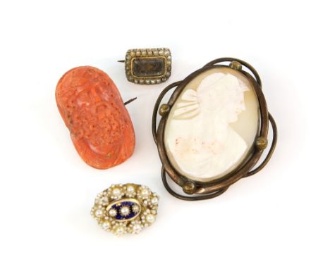 Antique coral cameo brooch, depicting Bacchus, 3.5 x 2cm, in addition to a Victorian hair work mourning brooch, in 9 ct , 1.5