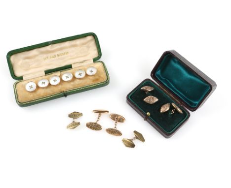 Boxed set of mother of pearl dress studs, two pairs of Edwardian cufflinks, and a vintage engine turned pair, all in 9 ct yel