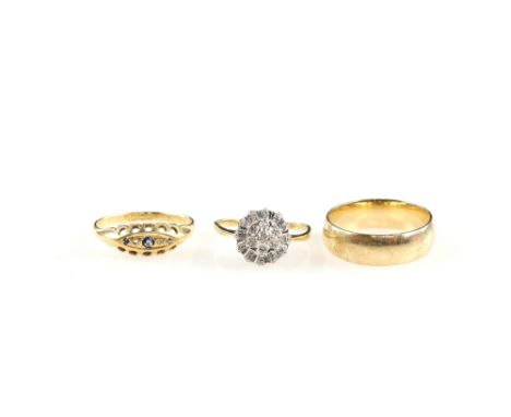 Three rings, one Edwardian set with sapphire and diamonds, in 18 ct, size O, vintage diamond cluster ring, size L, and a  wed